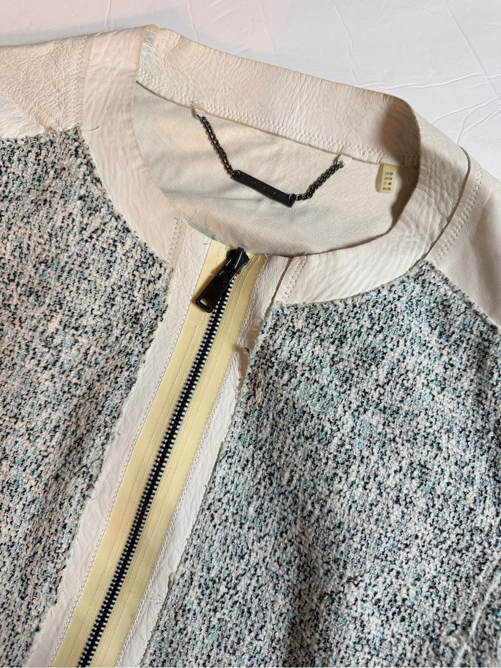 Elie Tahari Tweed Lamb Leather Zip Up Bomber Jacket Cream Blue Size 10